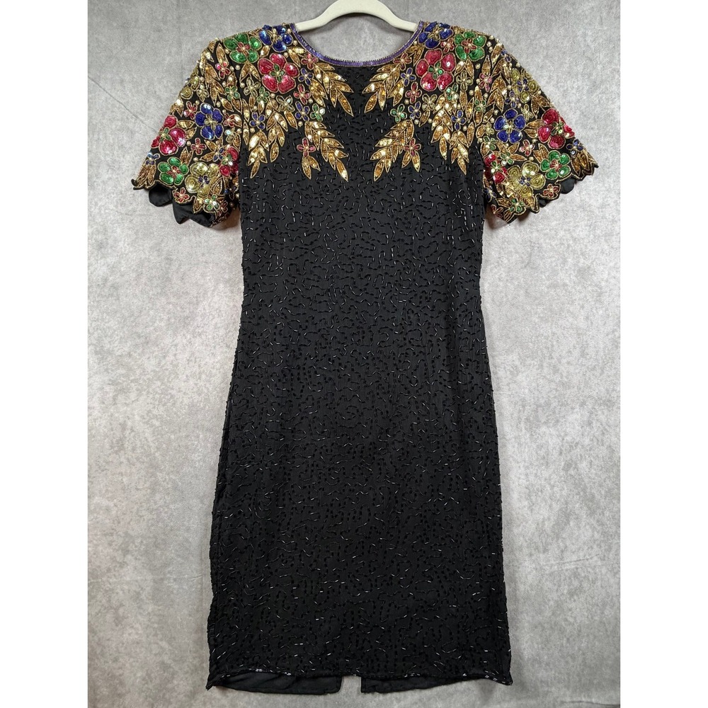 Stenay Vintage Womens Dress Black Silk Floral Beaded Sequin Cocktail